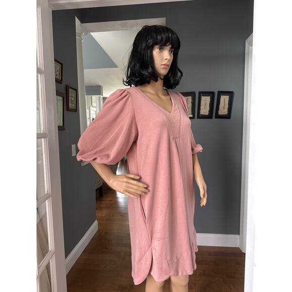 For Cynthia puff sleeved v neck high low soft pink knee length dress small - Picture 7 of 10